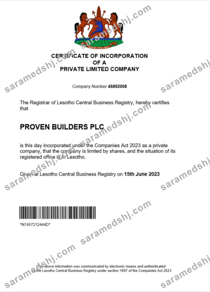 Lesotho company registration certificate Word and PDF template